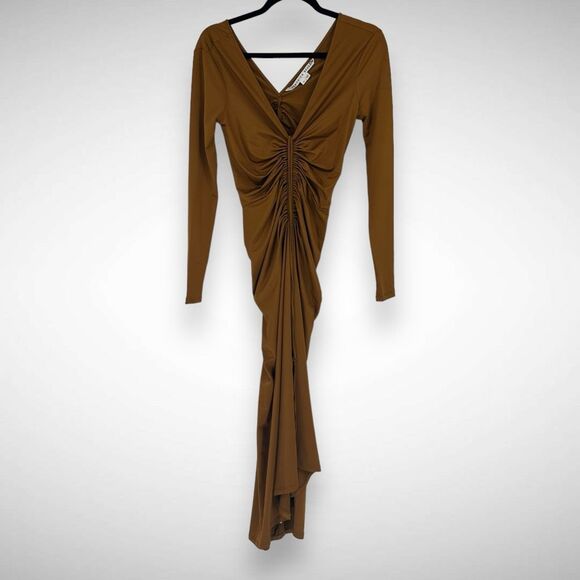 Veronica Beard Gilbert Antique Gold Jersey Long Sleeve Ruched Midi Dress Size 00 - Picture 2 of 10